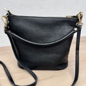 Italian Pebbled Leather Mini Bucket Top Handle Crossbody Duffle Purse